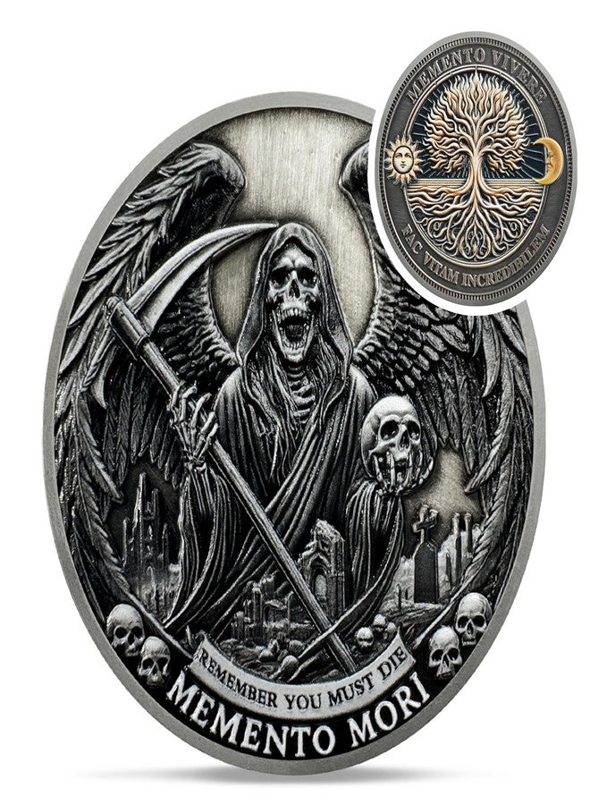 IELCJJ Grim Reaper Memento Mori Coin - Skull Tree of Life Stoic Challenge Coin - Novelty EDC Amor Fati Token Medallions for Daily Stoic Practice - Inspirational Momento Mori Stoicism Gifts for Men Women Kids - Image 1