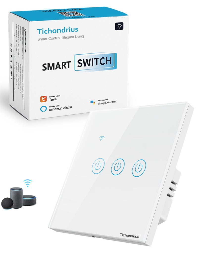 Tichondrius WiFi Smart Wall Light Switch, No Neutral Wire Required, No Hub Required, Compatible with Alexa and Google Home, APP Remote Control, Timing Function, Voice Control (white ,3Gang) - Image 1