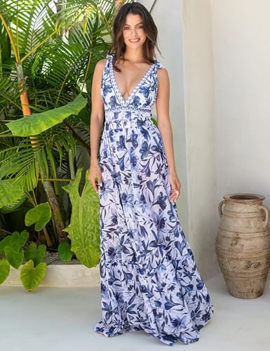 FLAXMAKER Blue and White Adjustable Shoulder Strip Plant Prints One Piece Swimsuit and Skirt/Sarong(Blue #1,XL) - Image 4