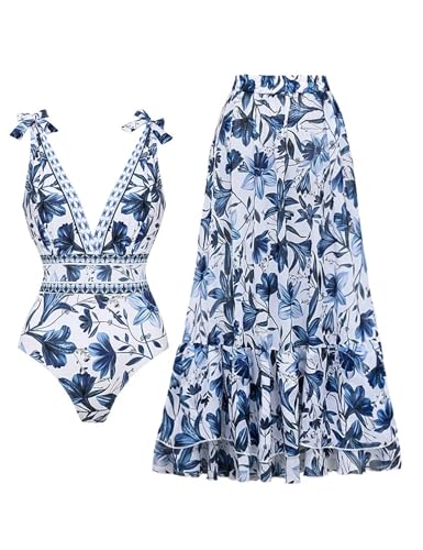 FLAXMAKER Blue and White Adjustable Shoulder Strip Plant Prints One Piece Swimsuit and Skirt/Sarong(Blue #1,XL) - Image 1