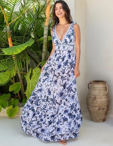 FLAXMAKER Blue and White Adjustable Shoulder Strip Plant Prints One Piece Swimsuit and Skirt/Sarong(Blue #1,XL) - Image 5
