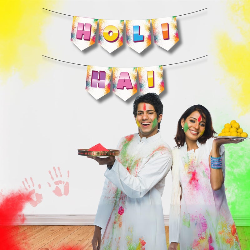 1iAM 1iAM Happy Holi Decoration Items | 1pc 13.6X10.3cm "HOLI HAI" 300gsm Printed Paper Banner for Celebration of 14th March in Home, Office, Club, School, Collages, Restaurant, Apartment Decoration  - Image 3