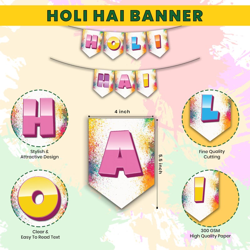1iAM 1iAM Happy Holi Decoration Items | 1pc 13.6X10.3cm "HOLI HAI" 300gsm Printed Paper Banner for Celebration of 14th March in Home, Office, Club, School, Collages, Restaurant, Apartment Decoration  - Image 5