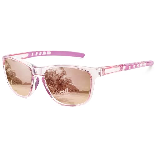 MEETSUN Polarized Sports Sunglasses for Women Men Driving Running Cycling Fishing Sun Glasses UV400 Protection Clear Pink Frame-Champagne Mirror Lens - Image 1
