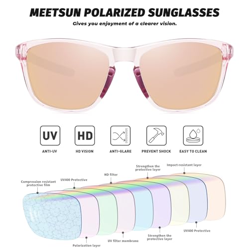 MEETSUN Polarized Sports Sunglasses for Women Men Driving Running Cycling Fishing Sun Glasses UV400 Protection Clear Pink Frame-Champagne Mirror Lens - Image 3