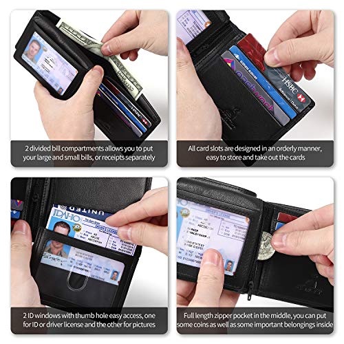 CALFART RFID Slim Front Pocket Wallets For Men - Genuine Leather Credit Card Mens Bifold Wallet With 2 ID Windows Zipper Coin Stylish Passcase - Image 3