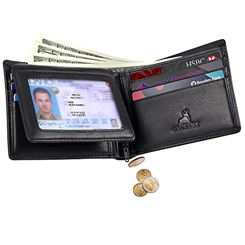 CALFART RFID Slim Front Pocket Wallets For Men - Genuine Leather Credit Card Mens Bifold Wallet With 2 ID Windows Zipper Coin Stylish Passcase - Image 1