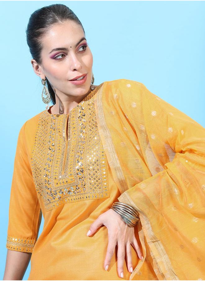 Vishudh Women Yellow Embroidered Kurta Set by Styli  - Image 2
