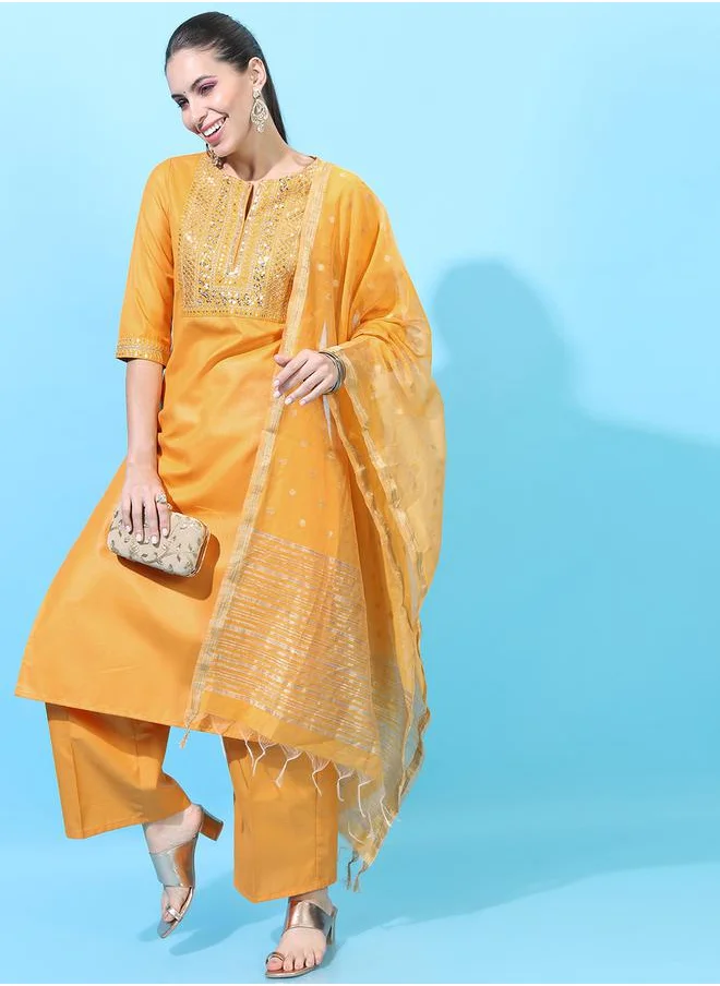 فيشود Women Yellow Embroidered Kurta Set by Styli