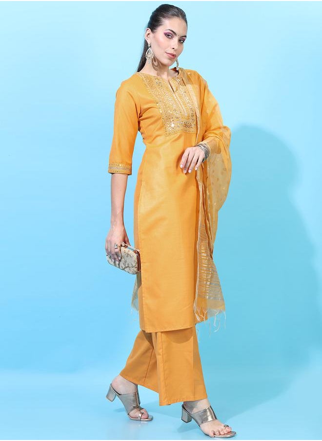 Vishudh Women Yellow Embroidered Kurta Set by Styli  - Image 5