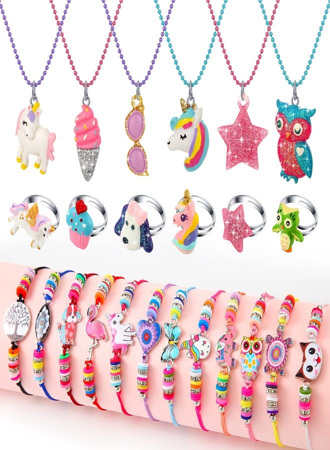 Sureio 24 Pcs Little Girl Jewelry Set Kids Unicorn Necklace Cute Woven Bracelet Ring for Girls Pretend Dress up Party Favor (Vivid Style) - Image 1
