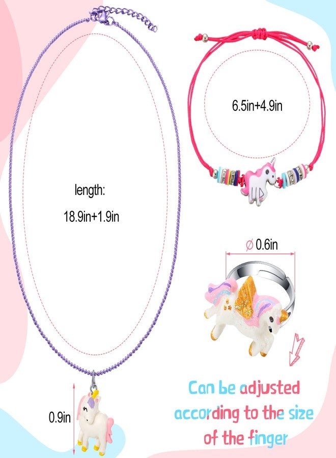 Sureio 24 Pcs Little Girl Jewelry Set Kids Unicorn Necklace Cute Woven Bracelet Ring for Girls Pretend Dress up Party Favor (Vivid Style) - Image 4
