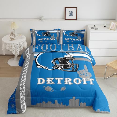 Feelyou Football Bedding Set Boys Girls Full Size Women Men Rugby Sports Detroit Comforter Football City Duvet Quilt Gray Blue Room Decor - Image 3
