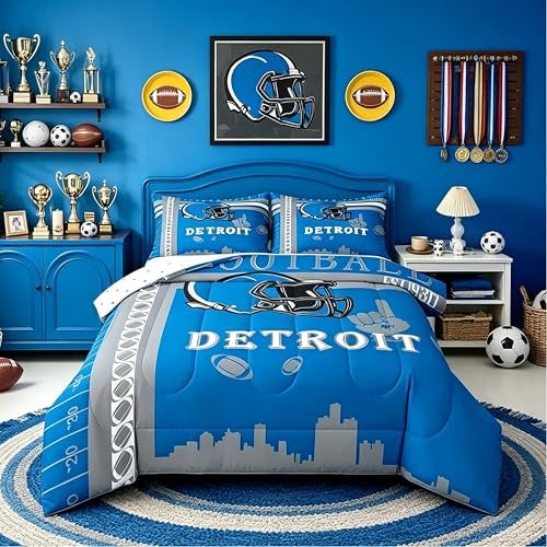 Feelyou Football Bedding Set Boys Girls Full Size Women Men Rugby Sports Detroit Comforter Football City Duvet Quilt Gray Blue Room Decor - Image 1
