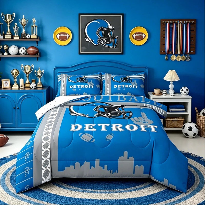 Feelyou Football Bedding Set Boys Girls Full Size Women Men Rugby Sports Detroit Comforter Football City Duvet Quilt Gray Blue Room Decor - Image 2