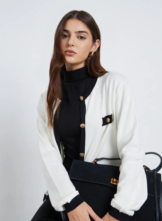 Styli Off White Regular Fit Cardigan with Contrast Trim