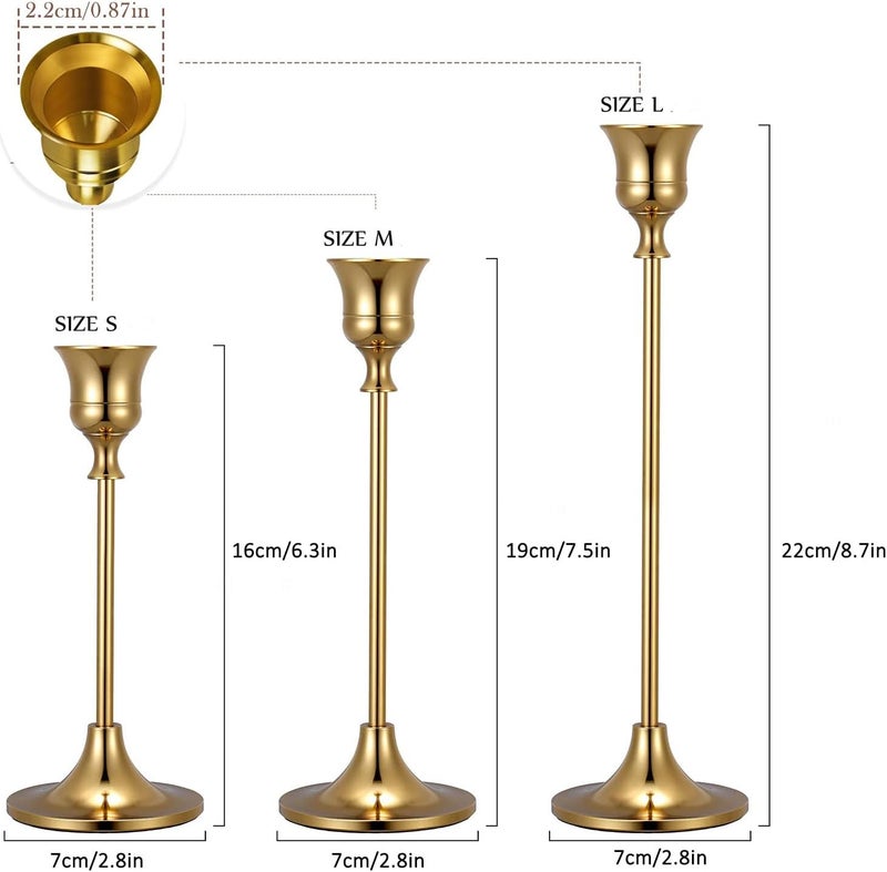 Elegant Gold Vintage Brass Metal Taper Tall Candle Stick Holder Set of 3 - Image 2