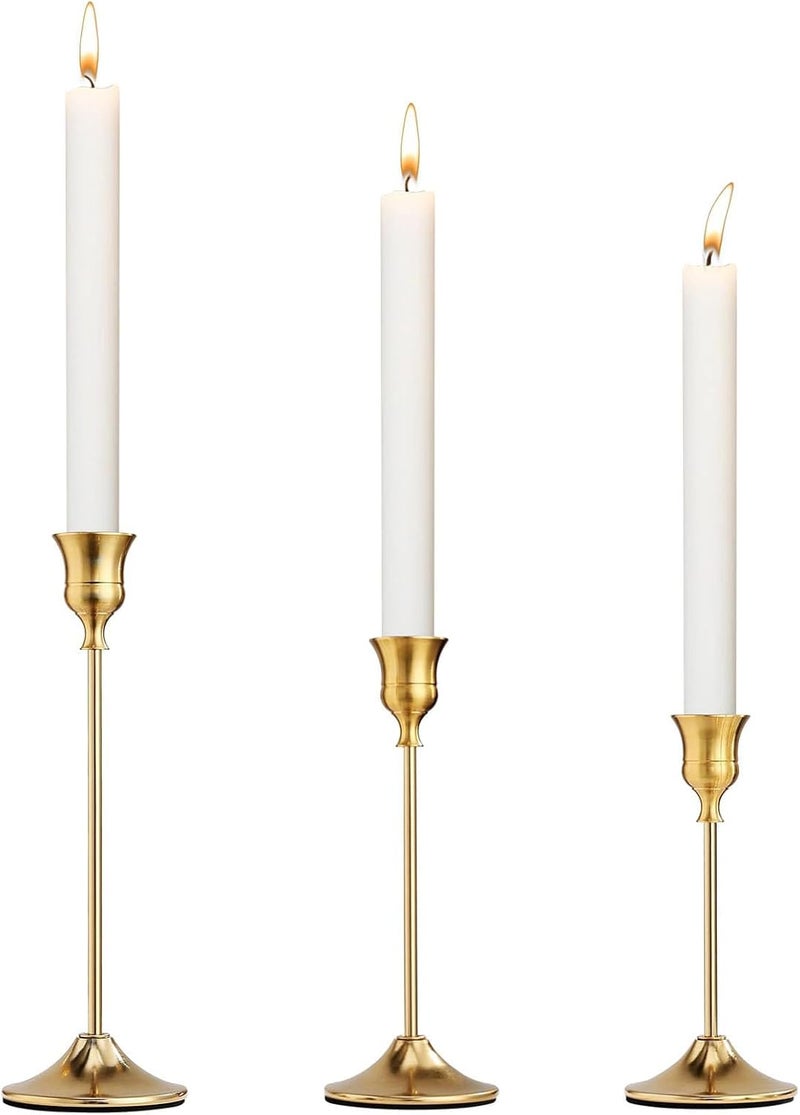 Elegant Gold Vintage Brass Metal Taper Tall Candle Stick Holder Set of 3 - Image 1