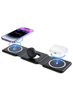 3-in-1 Foldable Wireless Charger – 15W Fast Magnetic Charging Station for iPhone 16/15/14/13/12/11, Apple Watch 8-2 SE, AirPods 3/2/Pro & Samsung Phones | Portable Travel Charging Pad (Black)