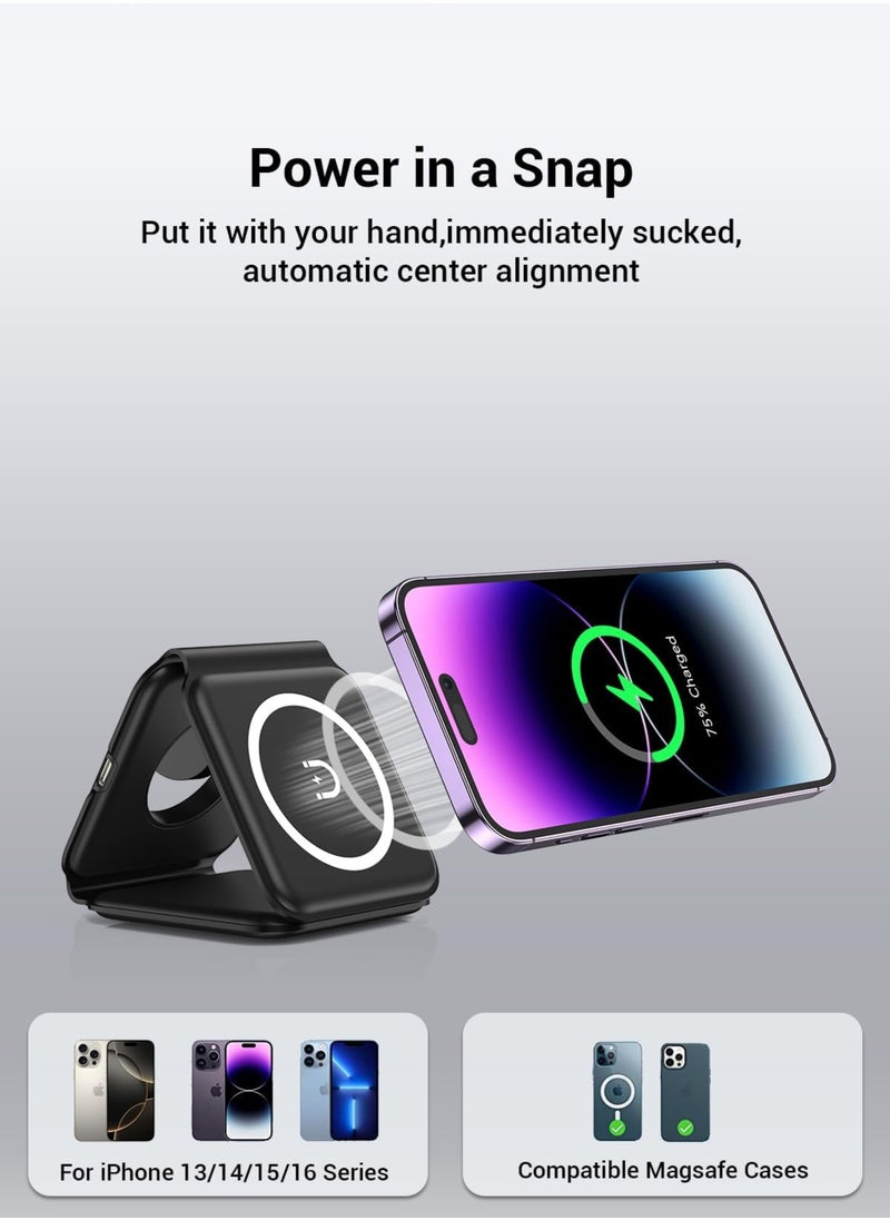 Generic - 3-in-1 Foldable Wireless Charger – 15W Fast Magnetic Charging Station for iPhone 16/15/14/13/12/11, Apple Watch 8-2 SE, AirPods 3/2/Pro & Samsung Phones | Portable Travel Charging Pad (Black) - Image 1