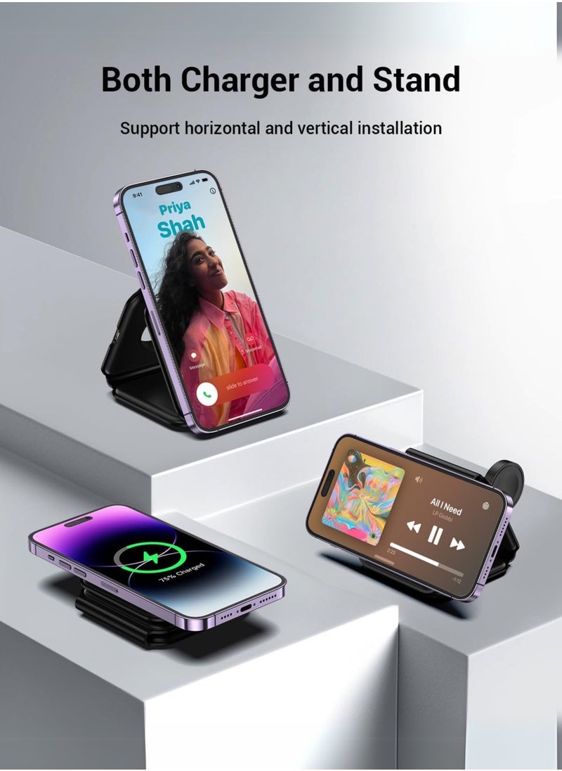Generic - 3-in-1 Foldable Wireless Charger – 15W Fast Magnetic Charging Station for iPhone 16/15/14/13/12/11, Apple Watch 8-2 SE, AirPods 3/2/Pro & Samsung Phones | Portable Travel Charging Pad (Black) - Image 1