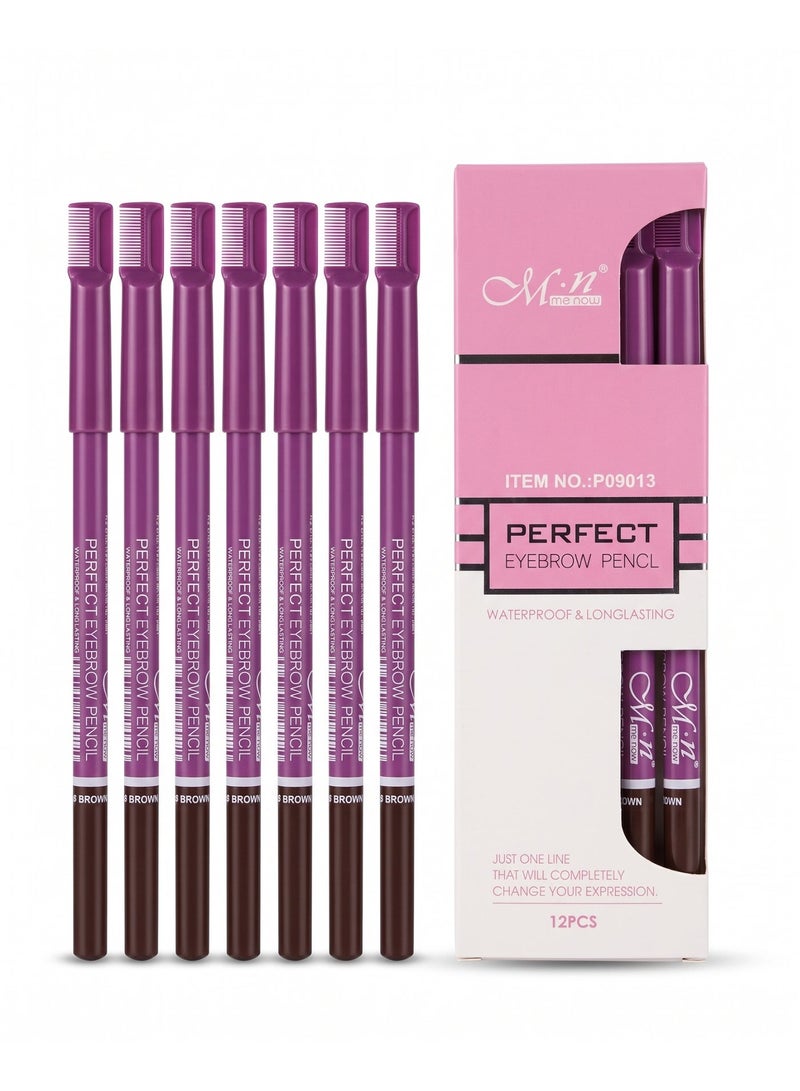 MN Menow Perfect Eyebrow Pencil Brown with Comb waterproof & Longlasting, 12 Pcs Package - Image 1