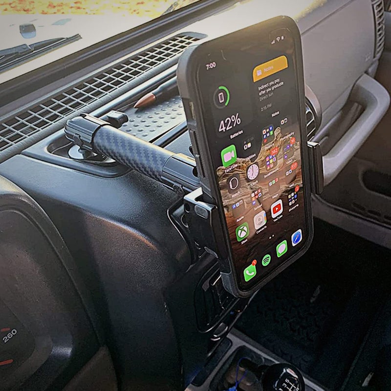 Bulletpoint Dash Mount Cell Phone Holder Jeep Compatible Wrangler (2007-2010 JK and 1997-2006 TJ) with 20mm Ball Mount for iPhone and Android Smartphone â€“ Features Heavy Duty Carbon Fiber Kevlar Arm - Image 2