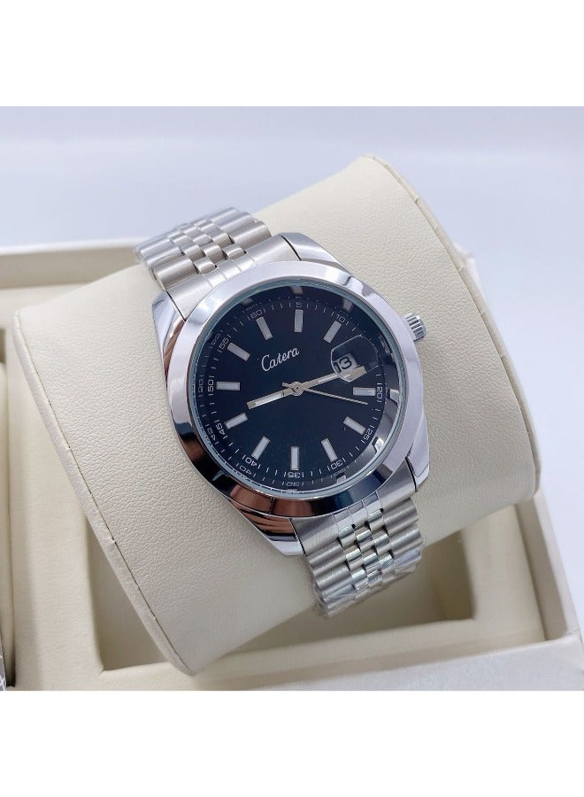 كاتيرا ساعة يد رجالية ضد الماء و بجودة عالية ستيل, مستوحاة من ساعات روليكس الشهيرة - سوار فضي مع ميناء أسود