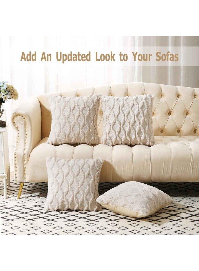 2PCS,Geometric Throw Pillow Covers,18x18 Inches Decorative Farmhouse Velvet Couch Pillow Case Soft Plush Square Boho Cushion Pillowcase, Embroidery, Geometric, Home, Beige - Image 2