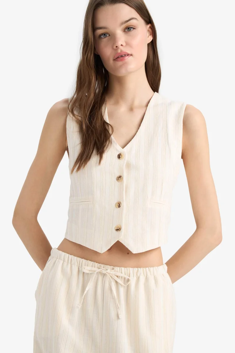 DeFacto Regular Fit V Neck Linen Blend Blazer Vest
