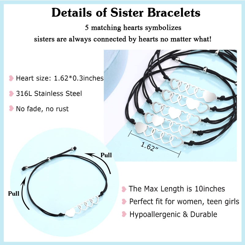 UNGENT THEM 5 Sisters Gifts from Sister Bracelets Matching Heart Friendship Women Friends - Image 3