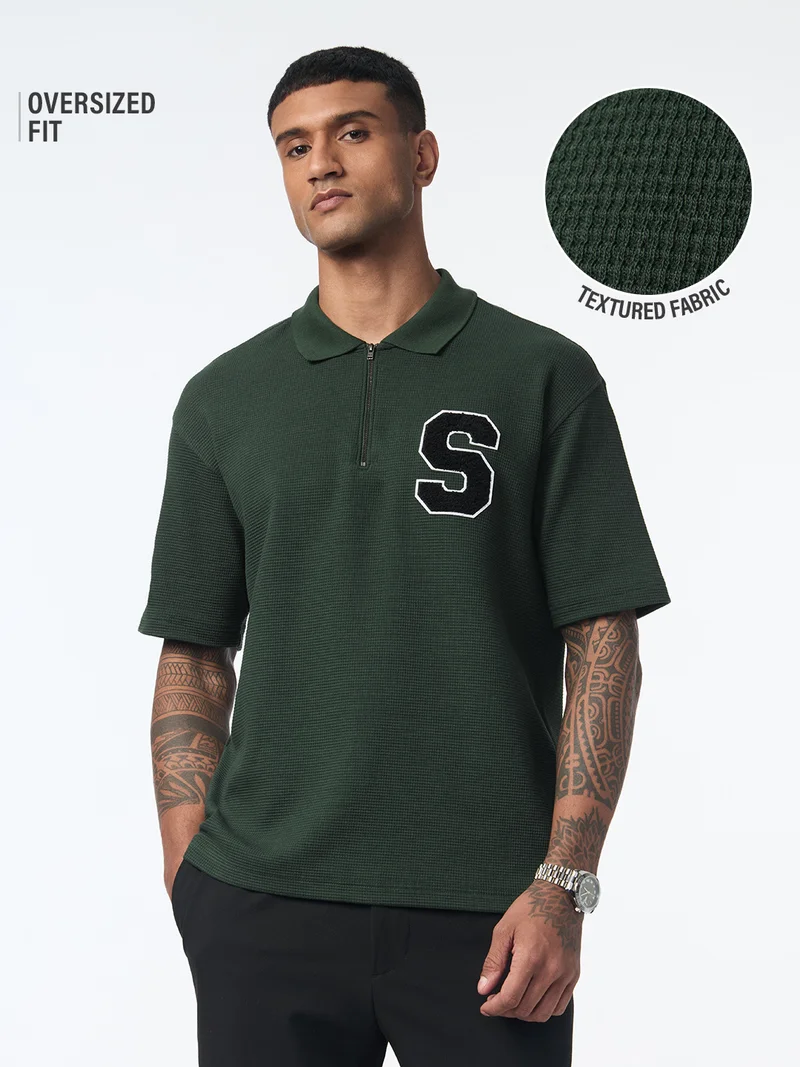 The Souled Store: Forest Men and Boys Short Sleeve Spread Collar Forest Green Embroidered Cotton Blend Oversized Fit Breathable Stretchable Everyday All-Season Polo Shirts