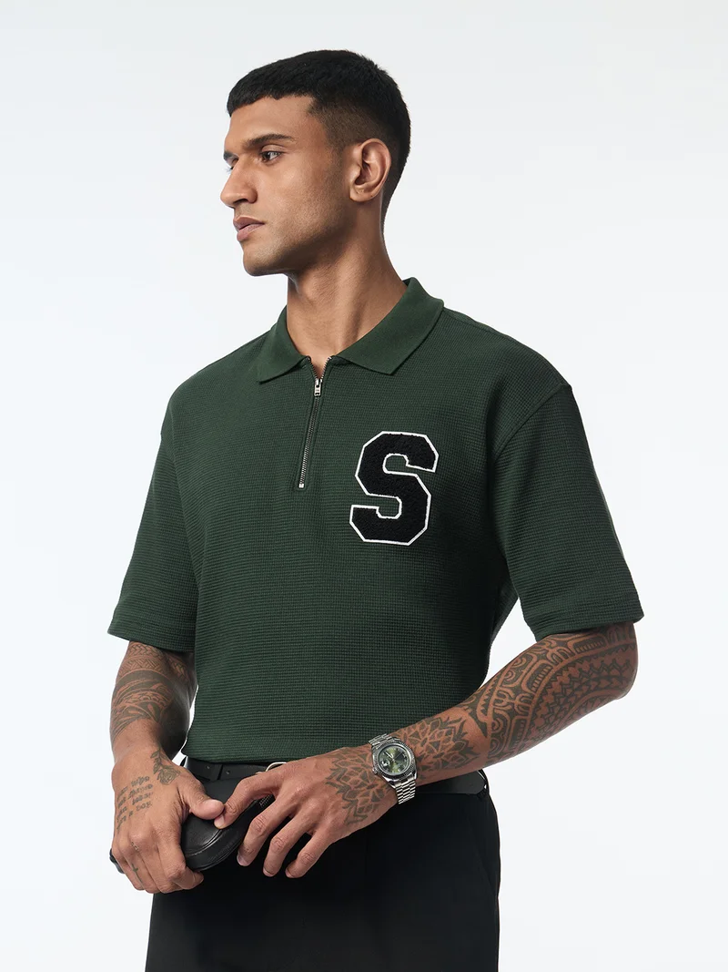 The Souled Store  The Souled Store: Forest Men and Boys Short Sleeve Spread Collar Forest Green Embroidered Cotton Blend Oversized Fit Breathable Stretchable Everyday All-Season Polo Shirts  | Best Price UAE
