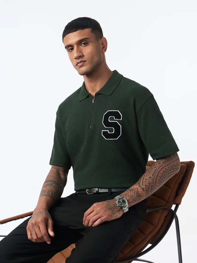 The Souled Store  The Souled Store: Forest Men and Boys Short Sleeve Spread Collar Forest Green Embroidered Cotton Blend Oversized Fit Breathable Stretchable Everyday All-Season Polo Shirts  | Best Price UAE