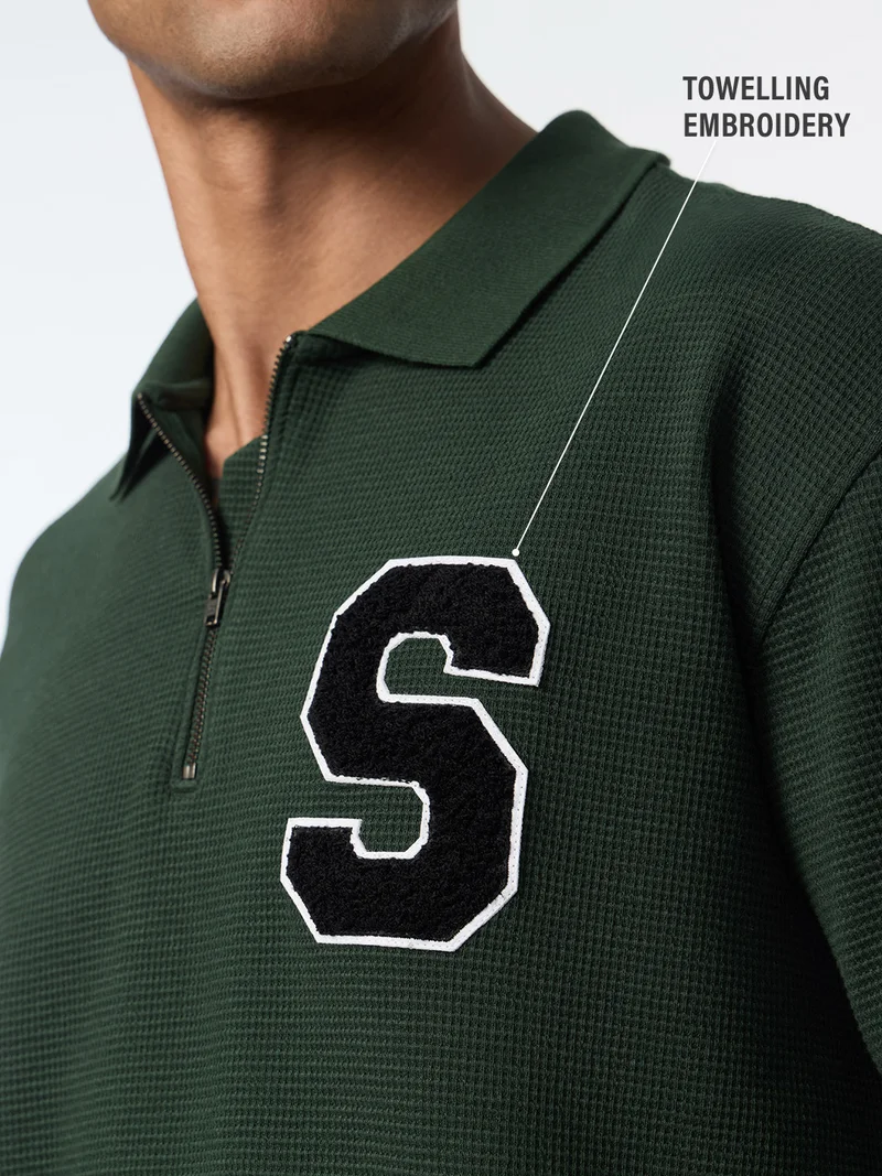 The Souled Store  The Souled Store: Forest Men and Boys Short Sleeve Spread Collar Forest Green Embroidered Cotton Blend Oversized Fit Breathable Stretchable Everyday All-Season Polo Shirts  | Best Price UAE