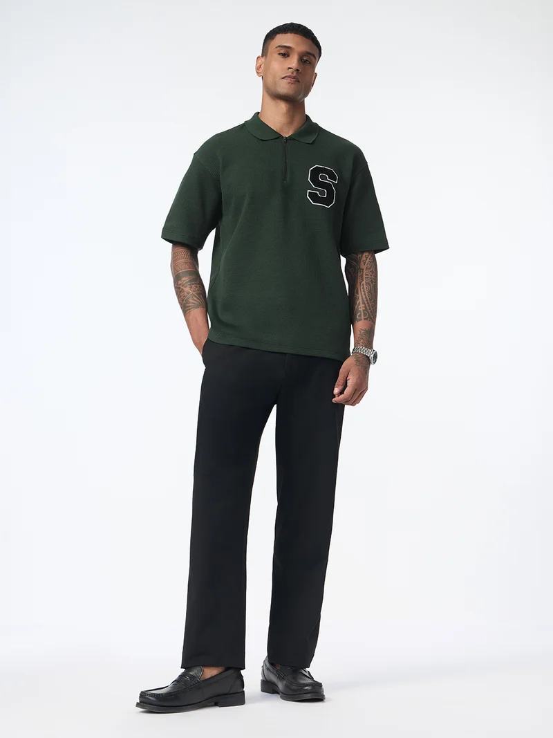 The Souled Store  The Souled Store: Forest Men and Boys Short Sleeve Spread Collar Forest Green Embroidered Cotton Blend Oversized Fit Breathable Stretchable Everyday All-Season Polo Shirts  | Best Price UAE