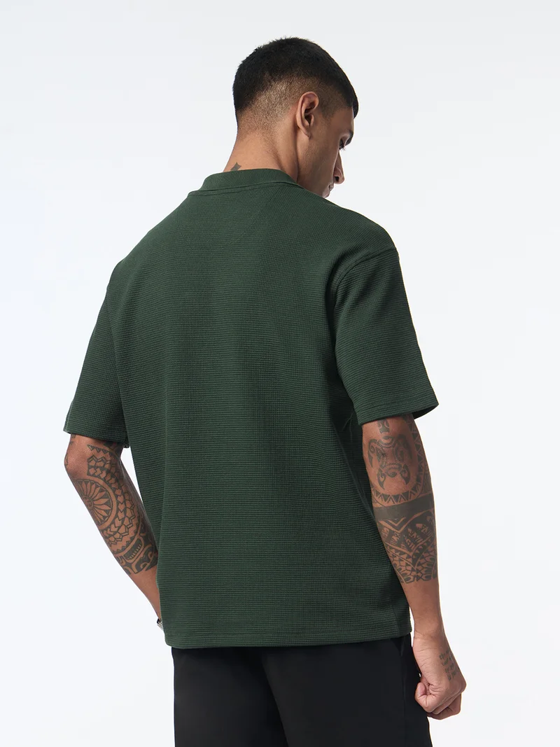 The Souled Store  The Souled Store: Forest Men and Boys Short Sleeve Spread Collar Forest Green Embroidered Cotton Blend Oversized Fit Breathable Stretchable Everyday All-Season Polo Shirts  | Best Price UAE