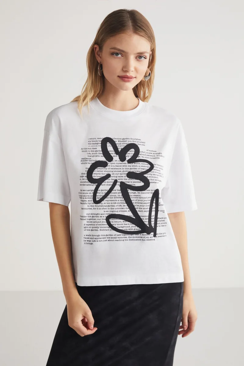 جريميلانج Litta Crew Neck 100% Cotton Piece Printed Regular Short Sleeve Fit White T-Shirt