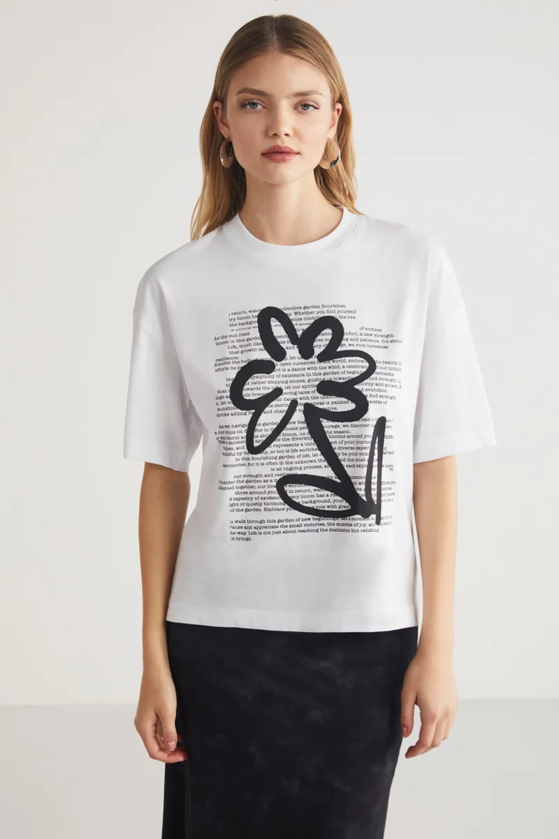 جريميلانج Litta Crew Neck 100% Cotton Piece Printed Regular Short Sleeve Fit White T-Shirt