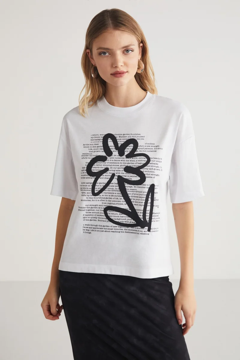 جريميلانج Litta Crew Neck 100% Cotton Piece Printed Regular Short Sleeve Fit White T-Shirt