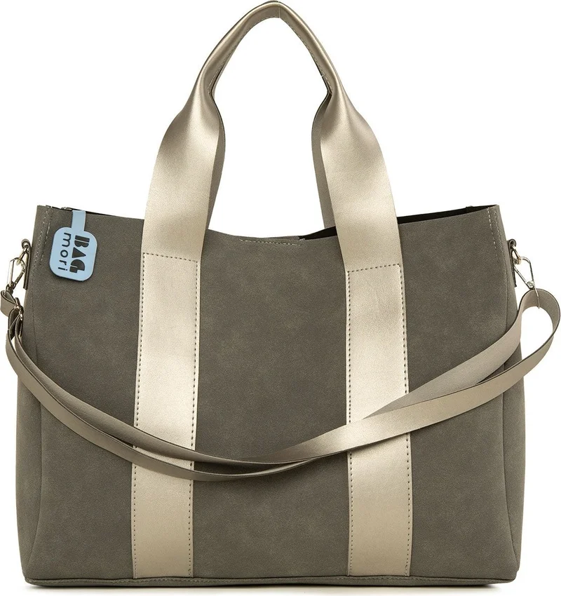 باجموري Gray Double Leather Striped Large Nubuck Tote Bag