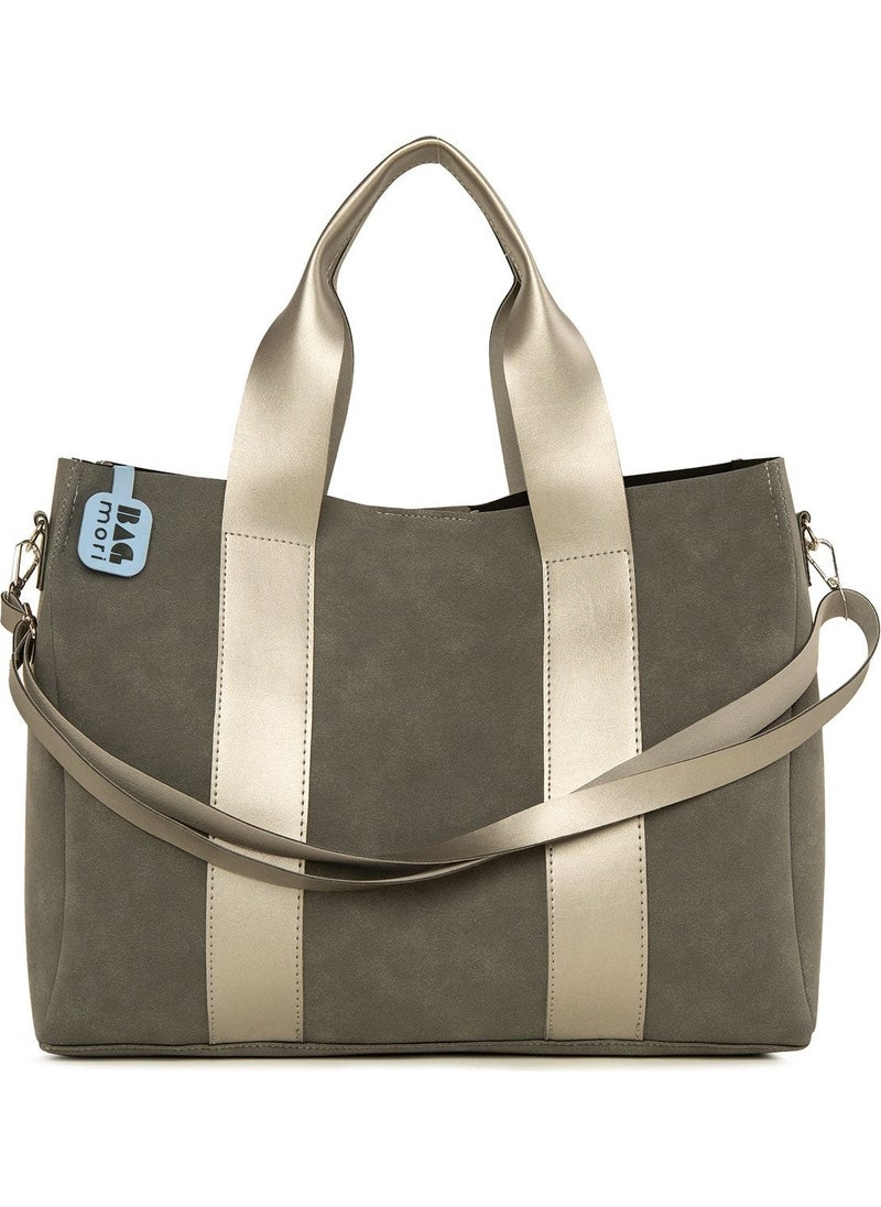 Bagmori Gray Double Leather Striped Large Nubuck Tote Bag  - Image 3