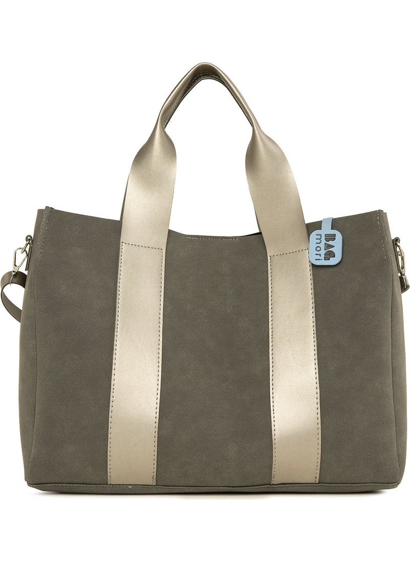 Bagmori Gray Double Leather Striped Large Nubuck Tote Bag  - Image 1