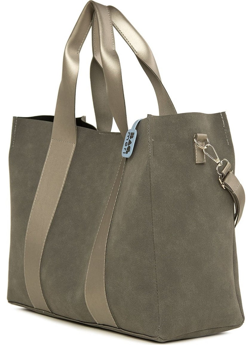 Bagmori Gray Double Leather Striped Large Nubuck Tote Bag  - Image 2