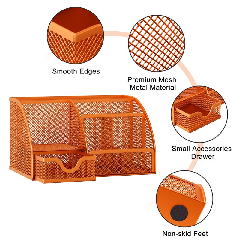 EasyPAG Mesh Desk Organizer with Drawer Multi-Functional Pen Holder Stationery Organizer for Office School Supplies 6 Compartments Dorm Organizers and Storage for Desk, Orange - Image 3