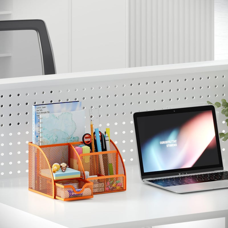 EasyPAG Mesh Desk Organizer with Drawer Multi-Functional Pen Holder Stationery Organizer for Office School Supplies 6 Compartments Dorm Organizers and Storage for Desk, Orange - Image 5