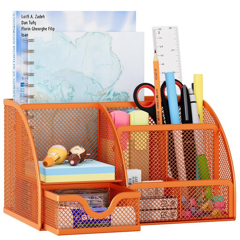 EasyPAG Mesh Desk Organizer with Drawer Multi-Functional Pen Holder Stationery Organizer for Office School Supplies 6 Compartments Dorm Organizers and Storage for Desk, Orange - Image 1