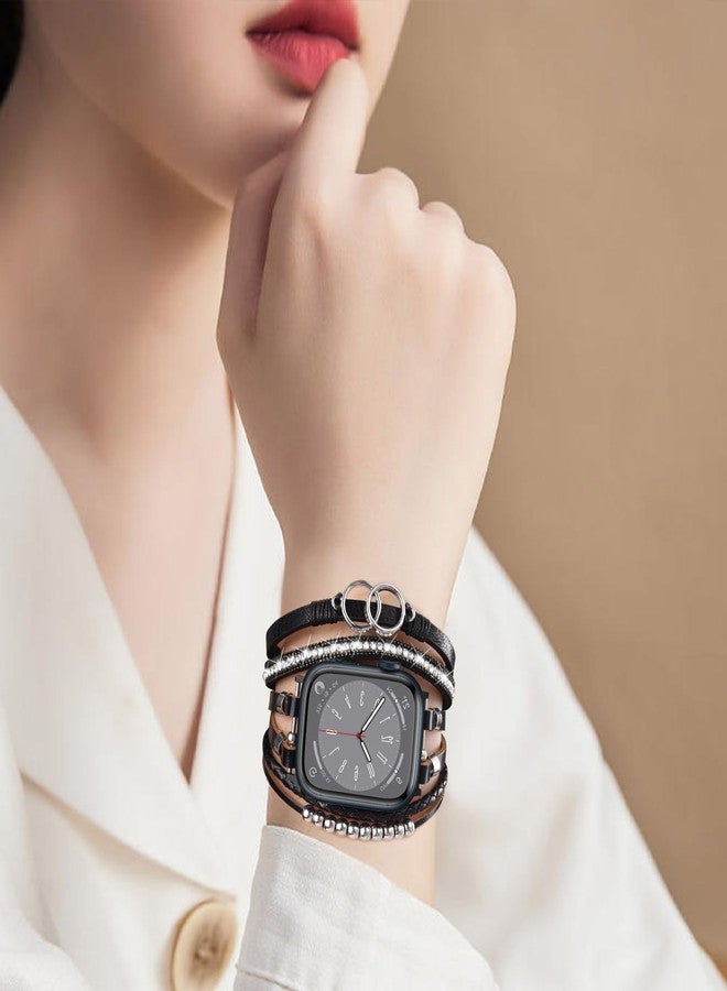 MOFREE Boho Leather Bracelet Compatible with Apple Watch Band 38mm 40mm 41mm Women, Adjustable iPhone Watch Bands Fancy Jewelry Multilayer Strap Wrap for iWatch Bands Series 9 8 7 6 5 4 3 2 1 SE - Image 4