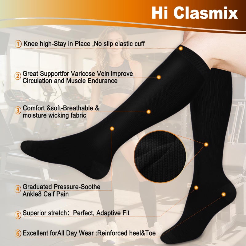 Hi Clasmix 5 Pairs Compression Socks for Men & Women 20-30 mmHg Graduated Compression Black Stockings for Grade Pregnancy Essentials Varicose Vein Swelling Feet Relief Running Sports & Recreation(Black,S-M) - Image 3