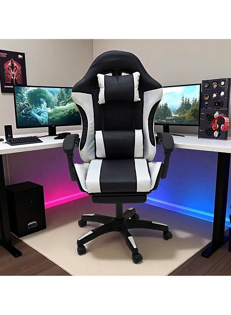 مفروشات صابر واخوانه (ذ.م.م) SBF Gaming Chair with Footrest – High Back PU Leather Ergonomic Office Desk Chair with Adjustable Height, Reclining Backrest, Headrest & Lumbar Support – Swivel Computer Gaming Chair, White Black - Image 3